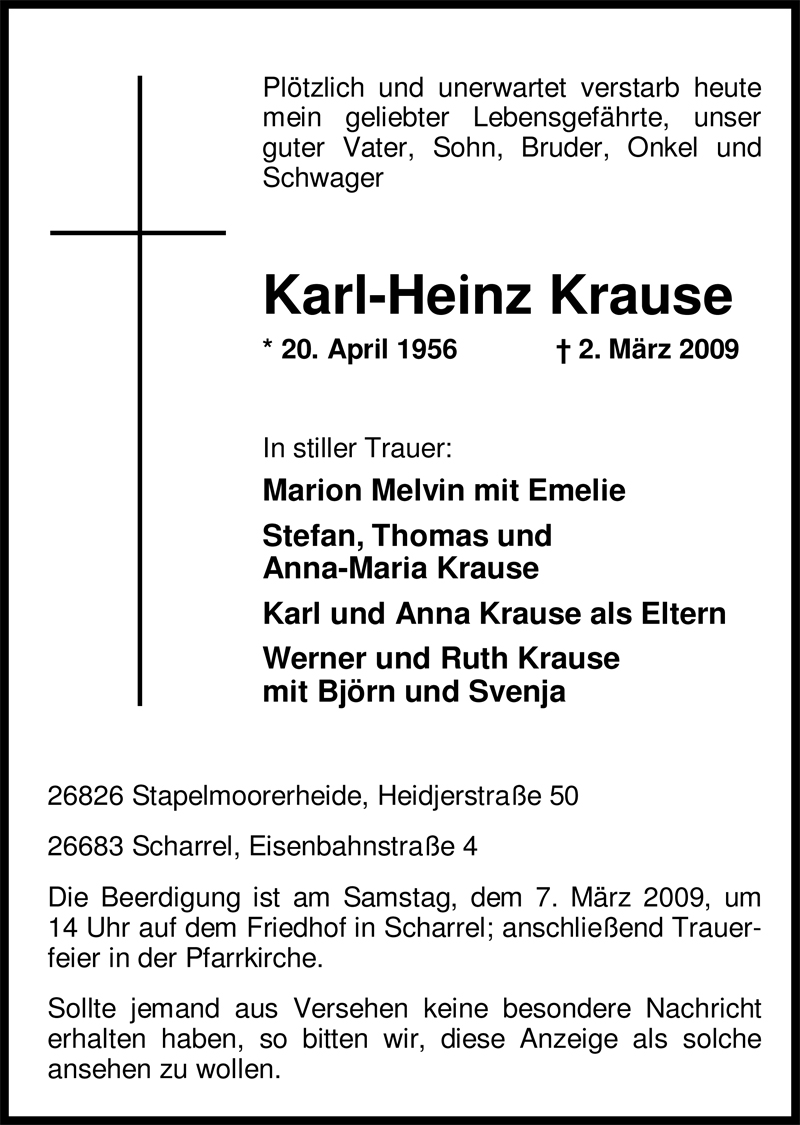  Traueranzeige für Karl-Heinz Krause vom 05.03.2009 aus Nordwest-Zeitung