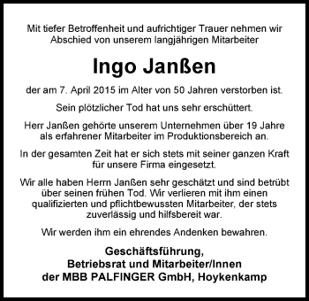 Traueranzeige von Ingo Janßen von Nordwest-Zeitung