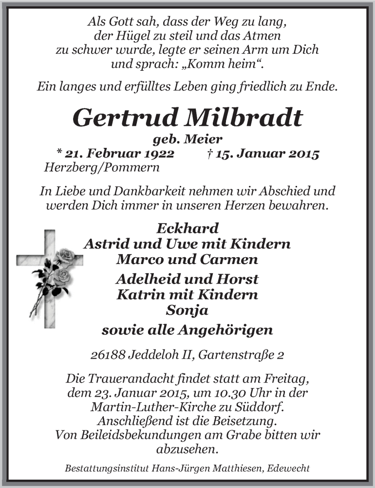  Traueranzeige für Gertrud Milbradt vom 20.01.2015 aus Nordwest-Zeitung