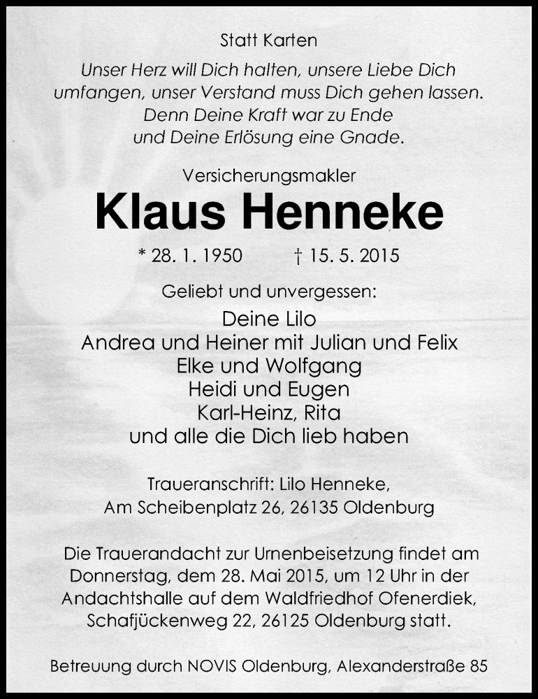  Traueranzeige für Klaus Henneke vom 23.05.2015 aus Nordwest-Zeitung
