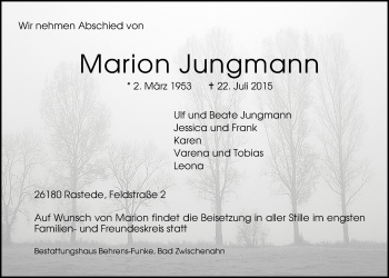 Traueranzeige von Marion Jungmann von Nordwest-Zeitung