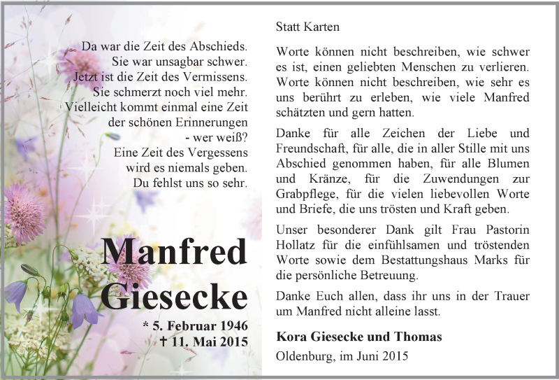  Traueranzeige für Manfred Giesecke vom 12.06.2015 aus Nordwest-Zeitung