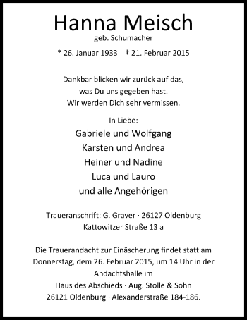 Traueranzeige von Hanna Meisch von Nordwest-Zeitung