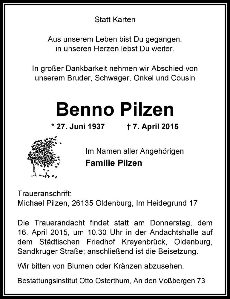  Traueranzeige für Benno Pilzen vom 10.04.2015 aus Nordwest-Zeitung