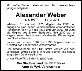 Traueranzeige von Alexander Hermann Hans Weber von Nordwest-Zeitung