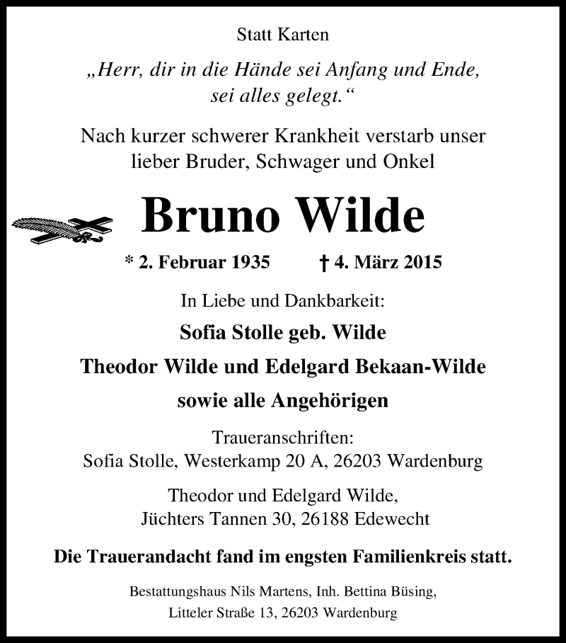 Traueranzeige für Bruno Wilde vom 14.03.2015 aus Nordwest-Zeitung