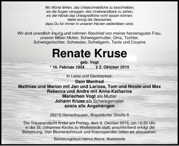 Traueranzeige von Renate Kruse von Nordwest-Zeitung