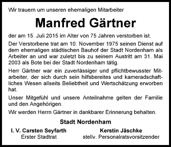 Traueranzeige von Manfred Gärtner von Nordwest-Zeitung