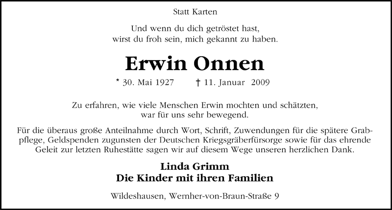  Traueranzeige für Erwin Onnen vom 13.02.2009 aus Nordwest-Zeitung