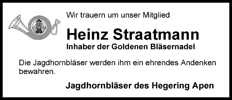  Traueranzeige für Heinz Straatmann vom 03.02.2015 aus Nordwest-Zeitung