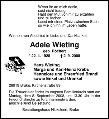 Traueranzeige von Adele Wieting von Nordwest-Zeitung