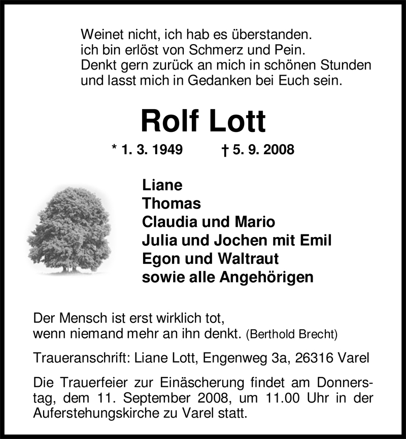  Traueranzeige für Rolf Lott vom 08.09.2008 aus Nordwest-Zeitung