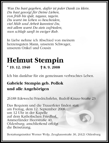 Traueranzeige von Helmut Stempin von Nordwest-Zeitung