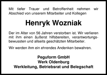 Traueranzeige von Henryk Wozniak von Nordwest-Zeitung