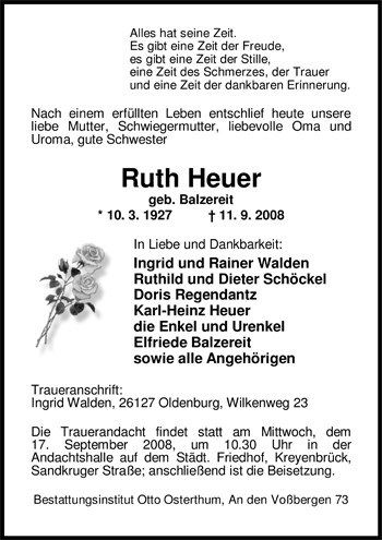 Traueranzeige von Ruth Heuer von Nordwest-Zeitung