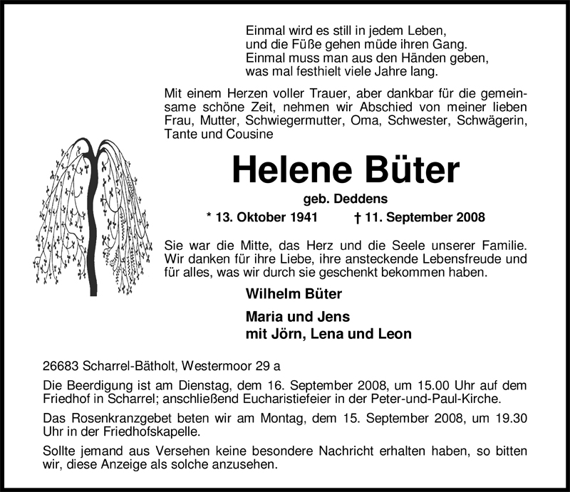  Traueranzeige für Helene Büter vom 13.09.2008 aus Nordwest-Zeitung
