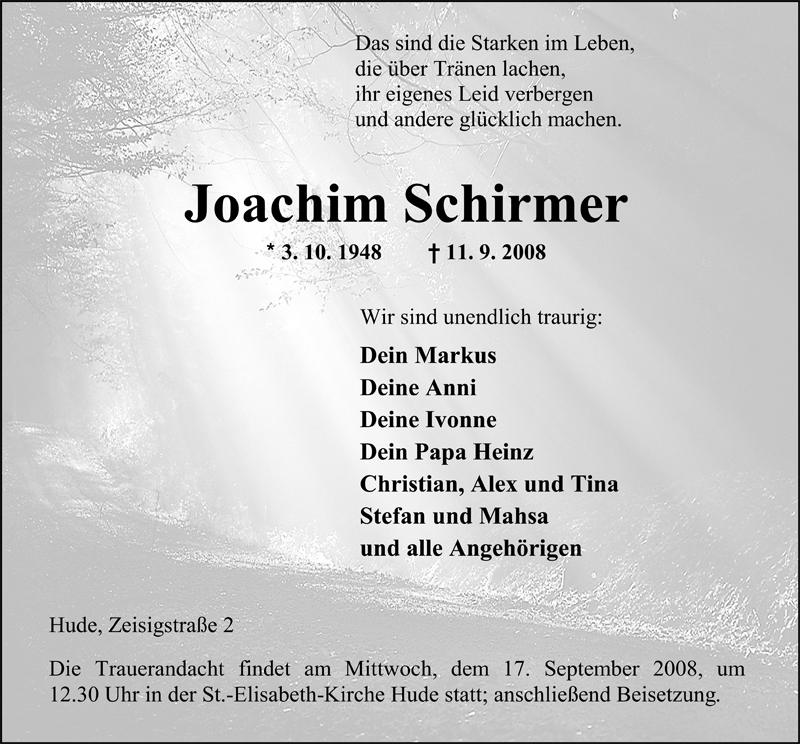  Traueranzeige für Joachim Schirmer vom 15.09.2008 aus Nordwest-Zeitung