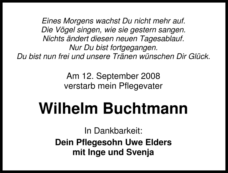  Traueranzeige für Wilhelm Buchtmann vom 16.09.2008 aus Nordwest-Zeitung