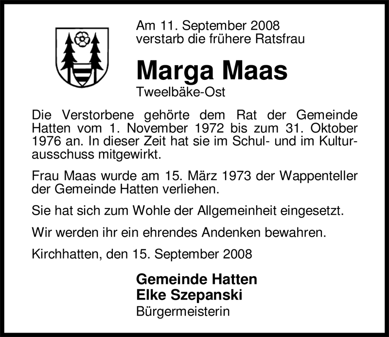  Traueranzeige für Marga Maas vom 16.09.2008 aus Nordwest-Zeitung