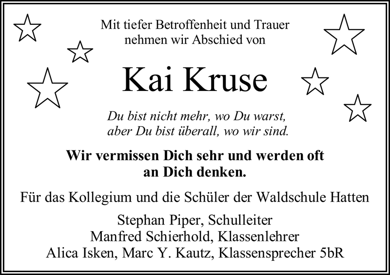  Traueranzeige für Kai Johannes Kruse vom 17.09.2008 aus Nordwest-Zeitung