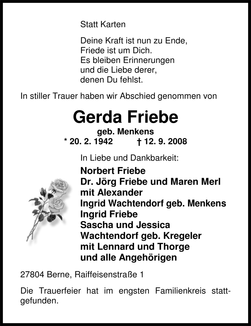  Traueranzeige für Gerda Friebe vom 18.09.2008 aus Nordwest-Zeitung