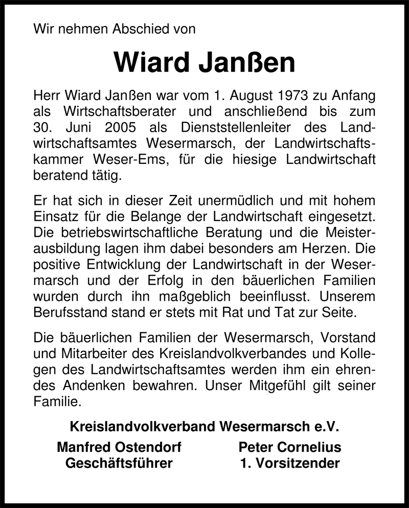  Traueranzeige für Wiard Janßen vom 18.09.2008 aus Nordwest-Zeitung