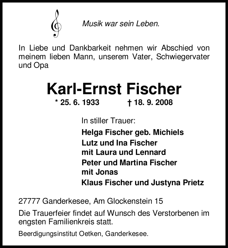  Traueranzeige für Karl-Ernst Fischer vom 19.09.2008 aus Nordwest-Zeitung