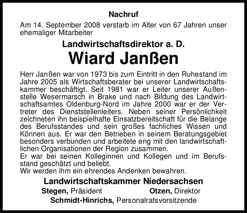  Traueranzeige für Wiard Janßen vom 19.09.2008 aus Nordwest-Zeitung