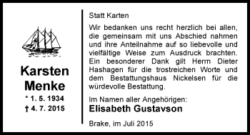 Traueranzeige von Karsten Menke von Nordwest-Zeitung