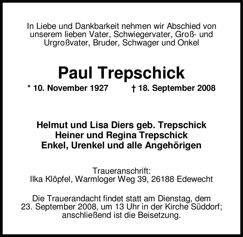  Traueranzeige für Paul Trepschick vom 22.09.2008 aus Nordwest-Zeitung