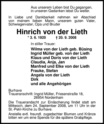 Traueranzeige von Hinrich von der Lieth von Nordwest-Zeitung