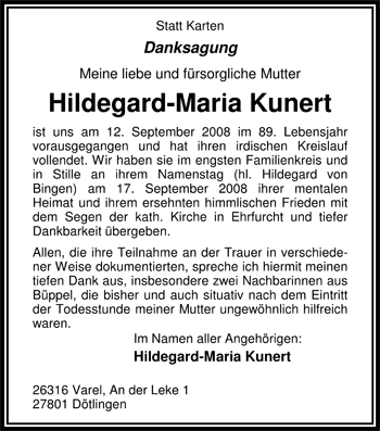 Traueranzeige von Hildegard-Maria Kunert von Nordwest-Zeitung