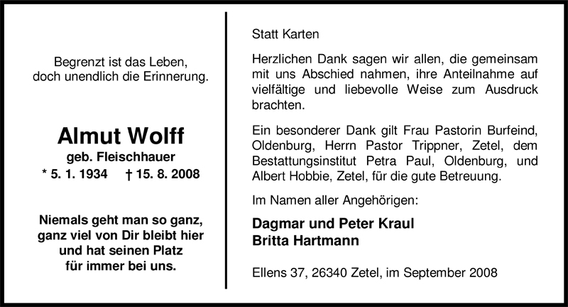  Traueranzeige für Almut Wolff vom 27.09.2008 aus Nordwest-Zeitung
