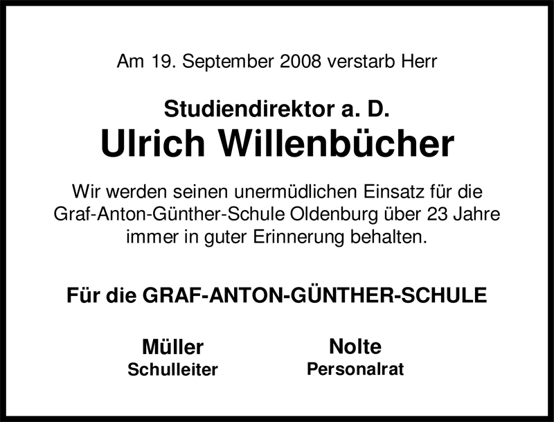  Traueranzeige für Ulrich Willenbücher vom 26.09.2008 aus Nordwest-Zeitung