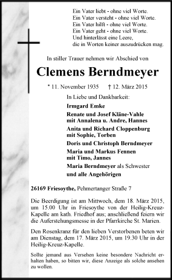Traueranzeige von Clemens Berndmeyer von Nordwest-Zeitung