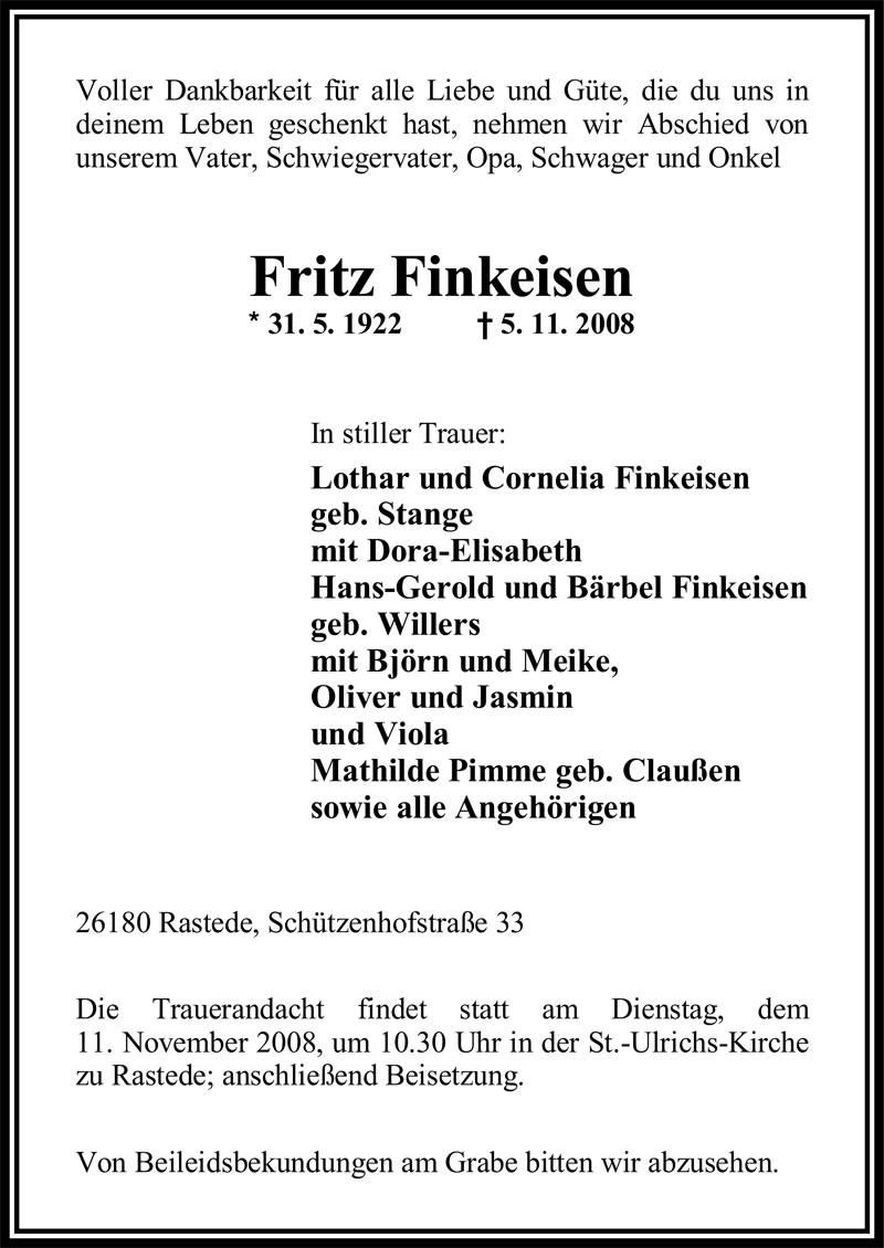 Traueranzeige für Fritz Finkeisen vom 07.11.2008 aus Nordwest-Zeitung
