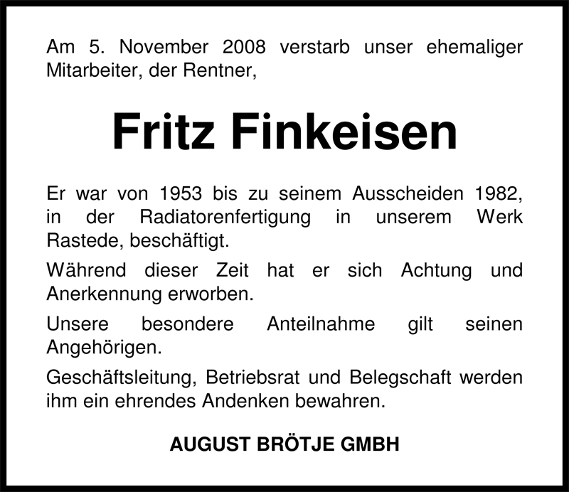  Traueranzeige für Fritz Finkeisen vom 08.11.2008 aus Nordwest-Zeitung