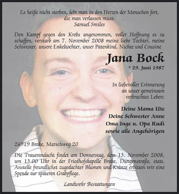 Traueranzeige von Jana Bock von Nordwest-Zeitung