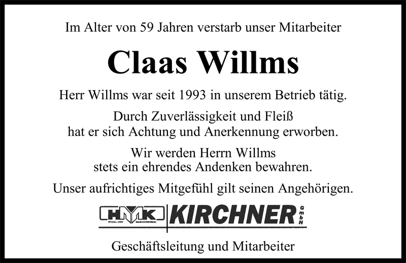  Traueranzeige für Claas Willms vom 11.11.2008 aus Nordwest-Zeitung