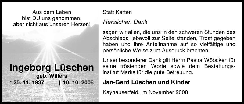  Traueranzeige für Ingeborg Lüschen vom 15.11.2008 aus Nordwest-Zeitung