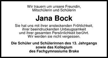 Traueranzeige von Jana Bock von Nordwest-Zeitung