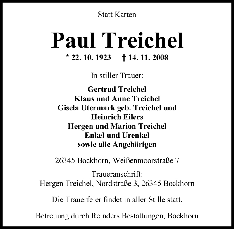  Traueranzeige für Paul Treichel vom 17.11.2008 aus Nordwest-Zeitung