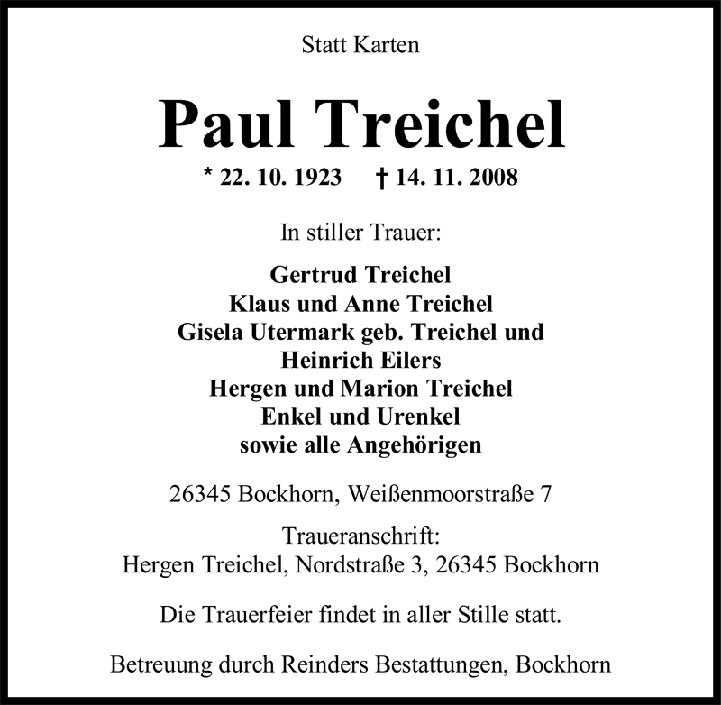  Traueranzeige für Paul Treichel vom 17.11.2008 aus Nordwest-Zeitung