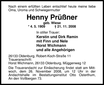 Traueranzeige von Henny Prüßner von Nordwest-Zeitung