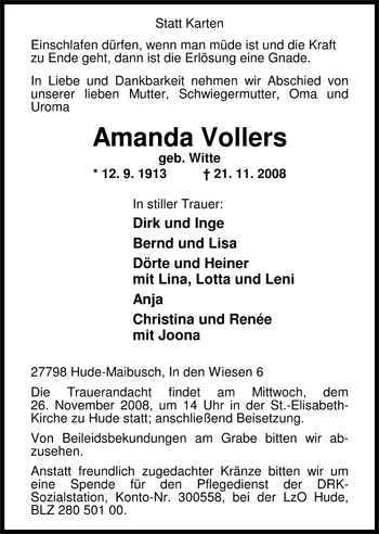 Traueranzeige von Amanda Vollers von Nordwest-Zeitung