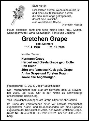 Traueranzeige von Gretchen Grape von Nordwest-Zeitung