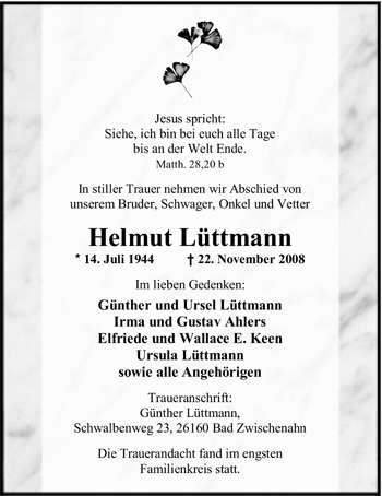 Traueranzeige von Helmut Lüttmann von Nordwest-Zeitung