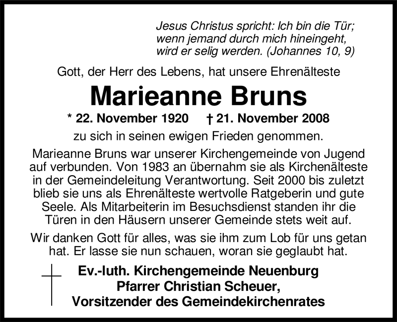  Traueranzeige für Marieanne Bruns vom 27.11.2008 aus Nordwest-Zeitung