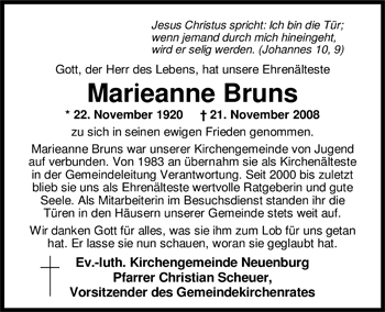 Traueranzeige von Marieanne Bruns von Nordwest-Zeitung