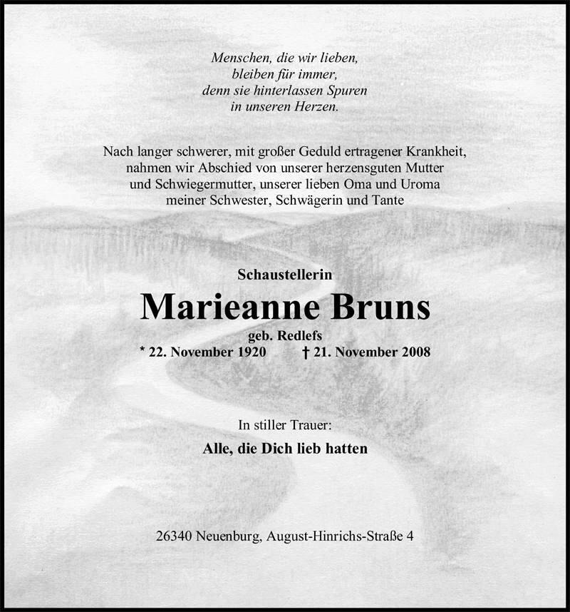  Traueranzeige für Marieanne Bruns vom 27.11.2008 aus Nordwest-Zeitung